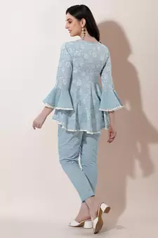 Grey White Floral Jaipuri Printed Cotton Tunic With Pant