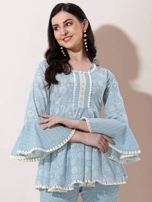 Grey White Floral Jaipuri Printed Cotton Tunic With Pant 4