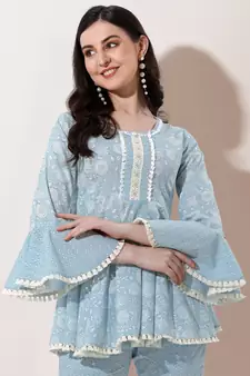 Grey White Floral Jaipuri Printed Cotton Tunic With Pant