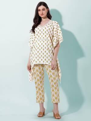 Mustard Off White Paisley Jaipuri Printed Cotton Tunic With Pant 1