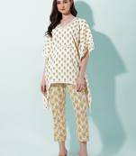 Mustard Off White Paisley Jaipuri Printed Cotton Tunic With Pant