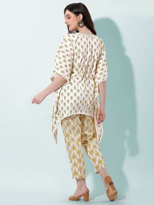 Mustard Off White Paisley Jaipuri Printed Cotton Tunic With Pant 3
