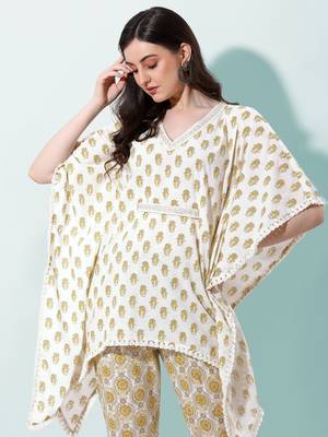Mustard Off White Paisley Jaipuri Printed Cotton Tunic With Pant 4