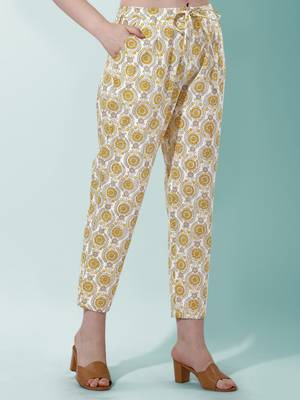 Mustard Off White Paisley Jaipuri Printed Cotton Tunic With Pant 5
