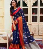 Navy Blue Cotton Blend Zari Border & Pallu Saree With Blouse