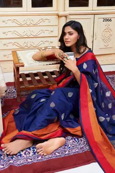 Navy Blue Cotton Blend Zari Border & Pallu Saree With Blouse