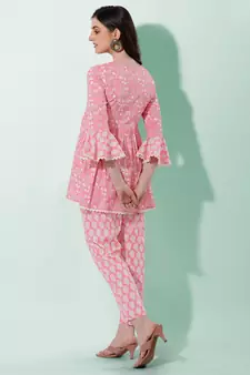 Coral White Floral Jaipuri Printed Cotton Tunic With Pant