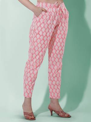 Coral White Floral Jaipuri Printed Cotton Tunic With Pant 4