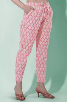 Coral White Floral Jaipuri Printed Cotton Tunic With Pant