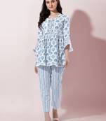 Grey White Floral Jaipuri Printed Cotton Tunic With Pant