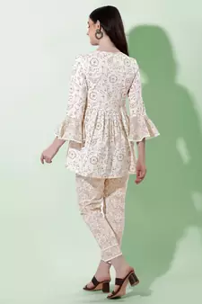 Beige Off White Jaipuri Printed Cotton Tunic With Pant