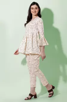 Beige Off White Jaipuri Printed Cotton Tunic With Pant