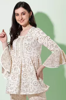 Beige Off White Jaipuri Printed Cotton Tunic With Pant