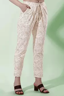 Beige Off White Jaipuri Printed Cotton Tunic With Pant