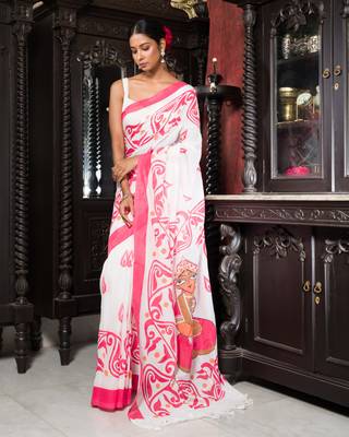 White And Red Printed Saree 1