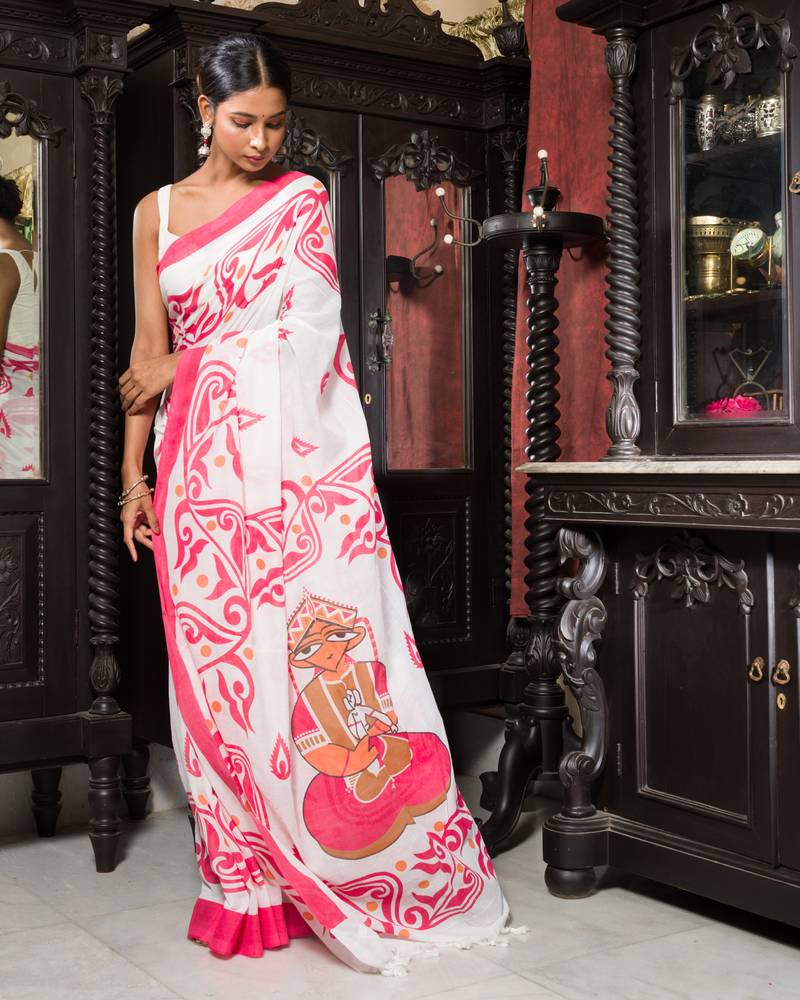 White And Red Printed Saree