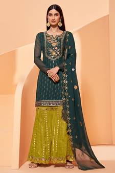 Dark-Green Thread & Sequins Embroidered Georgette Semi Stitched Party Wear Salwar Kameez