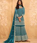 Cerulean Blue Metti With Zari Embroidered Georgette Sharara Indian Wedding Salwar Kameez Designs