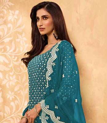 Cerulean Blue Metti With Zari Embroidered Georgette Sharara Indian Wedding Salwar Kameez Designs 2