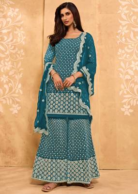 Cerulean Blue Metti With Zari Embroidered Georgette Sharara Indian Wedding Salwar Kameez Designs 3