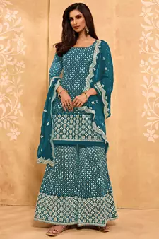 Cerulean Blue Metti With Zari Embroidered Georgette Sharara Indian Wedding Salwar Kameez Designs