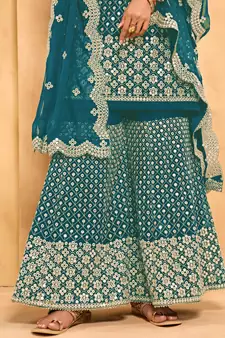 Cerulean Blue Metti With Zari Embroidered Georgette Sharara Indian Wedding Salwar Kameez Designs