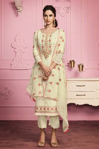  Yellow Cream Sequins & Thread Embroidered With Real Mirror Straight Cut Fancy Wedding Traditional Pant Suit