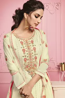  Yellow Cream Sequins & Thread Embroidered With Real Mirror Straight Cut Fancy Wedding Traditional Pant Suit