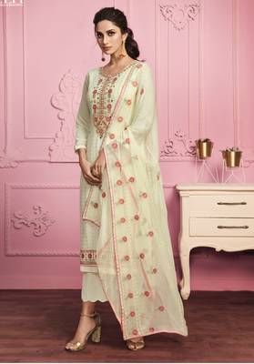  Yellow Cream Sequins & Thread Embroidered With Real Mirror Straight Cut Fancy Wedding Traditional Pant Suit 3