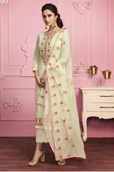  Yellow Cream Sequins & Thread Embroidered With Real Mirror Straight Cut Fancy Wedding Traditional Pant Suit