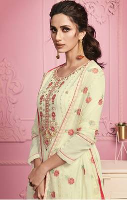  Yellow Cream Sequins & Thread Embroidered With Real Mirror Straight Cut Fancy Wedding Traditional Pant Suit 4