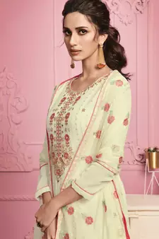  Yellow Cream Sequins & Thread Embroidered With Real Mirror Straight Cut Fancy Wedding Traditional Pant Suit