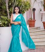 Sky Blue Color Chiffon Silk ( Zari Lining ) With Printed & Pearl lace border Saree With UnStitched Blouse