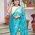 Sky Blue Color Chiffon Silk ( Zari Lining ) With Printed & Pearl lace border Saree With UnStitched Blouse