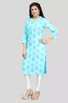Blue printed rayon long-kurtis