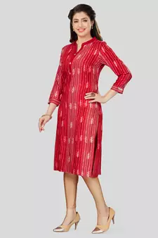Red printed rayon long-kurtis
