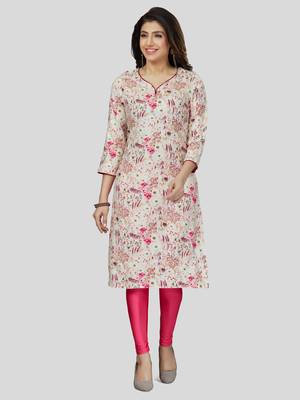 Cream printed rayon long-kurtis 1