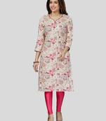 Cream printed rayon long-kurtis