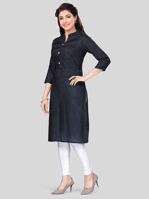 Black plain rayon long-kurtis 5