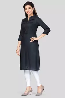 Black plain rayon long-kurtis