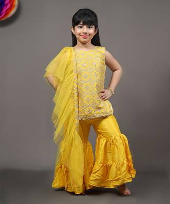 Yellow Embroidered Kurta With Sharara And Net Dupatta 1