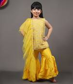 Yellow Embroidered Kurta With Sharara And Net Dupatta