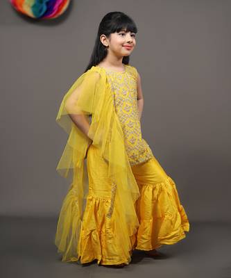 Yellow Embroidered Kurta With Sharara And Net Dupatta 2