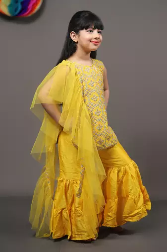 Yellow Embroidered Kurta With Sharara And Net Dupatta