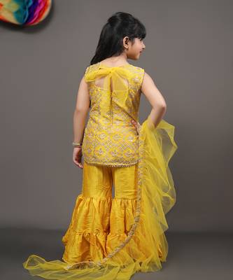 Yellow Embroidered Kurta With Sharara And Net Dupatta 3
