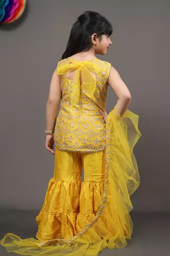 Yellow Embroidered Kurta With Sharara And Net Dupatta