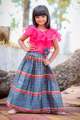 Frilled Top With Printed Ghagara