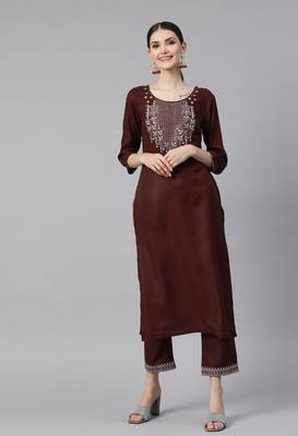 Brown Mirror Work Cotton Blend Kurta Pant Set 1