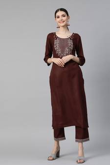 Brown Mirror Work Cotton Blend Kurta Pant Set