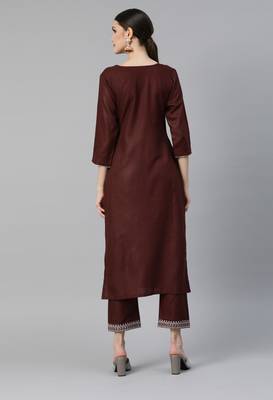 Brown Mirror Work Cotton Blend Kurta Pant Set 2